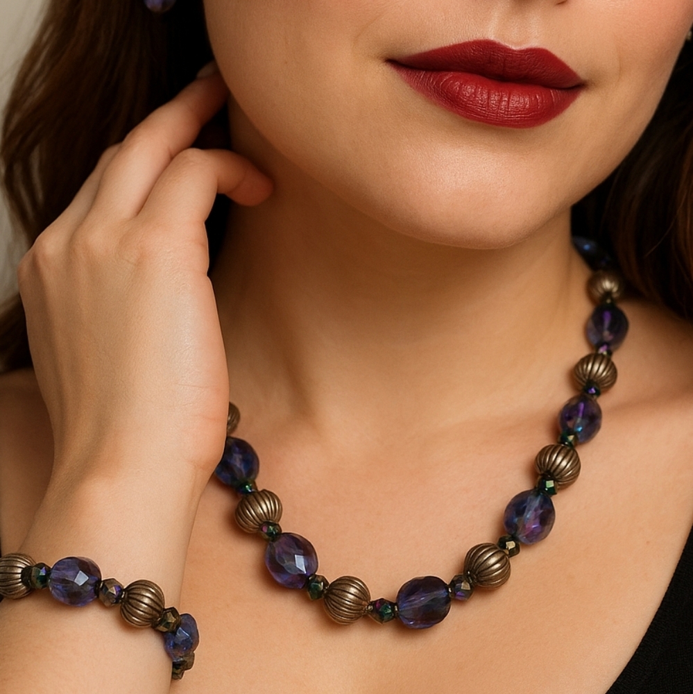 Vintage Iridescent Purple Glass Bead Necklace‎ & Stretch Bracelet Set